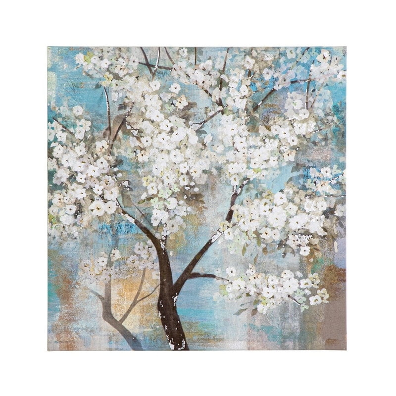 White Blossom Tree Painting on Canvas with Teal and Tan Accents