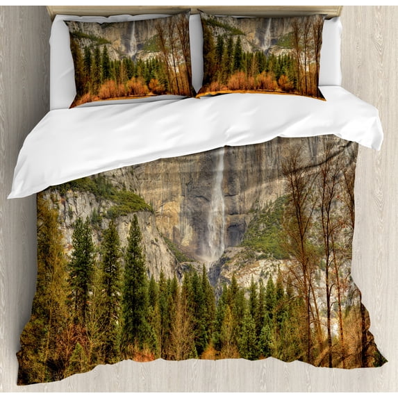 Yosemite King Size Duvet Cover Set, Yosemite Falls Trees Mountain Cliff Autumn National Park California Nature Print, Decorative 3 Piece Bedding Set with 2 Pillow Shams, Orange Green, by Ambesonne