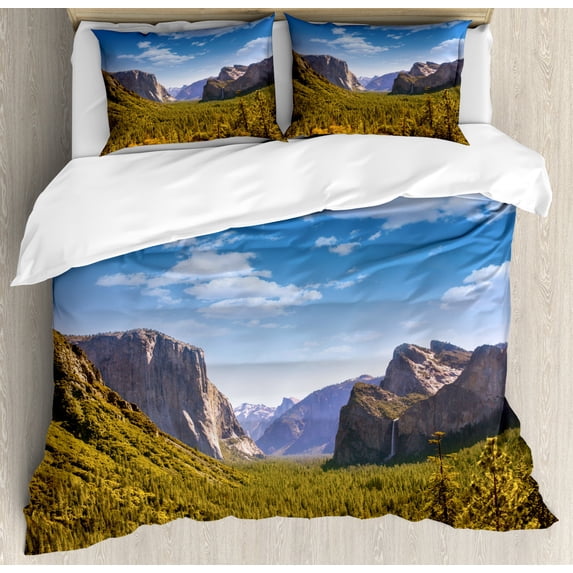 Yosemite King Size Duvet Cover Set, Yosemite El Capitan and Half Dome in California National Parks US Summertime View, Decorative 3 Piece Bedding Set with 2 Pillow Shams, Green Blue, by Ambesonne