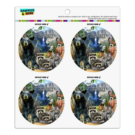 Yosemite National Park California CA Animals Bear Raccoons Beaver Chipmunks Refrigerator Fridge Locker Vinyl Circle Magnet Set