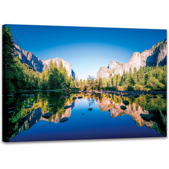 Yosemite National Park Canvas Painting Artwork Forest Lake Picture Prints Framed Home Decor for Bedroom Kitchen Living Room Ready to Hang (12x16 inch)