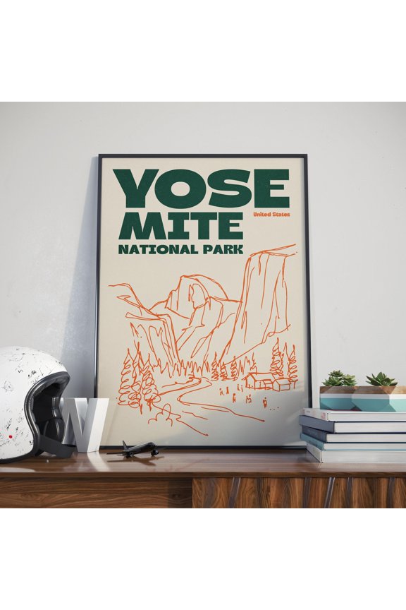 Yosemite National Park Illustration Print, Retro Mountain Sketch Wall Art in Green, Blue, Orange, Poster Only