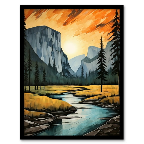 Yosemite National Park Vibrant Artwork Sunset Over El Capitan Art Print Framed Poster Wall Decor 12x16 inch