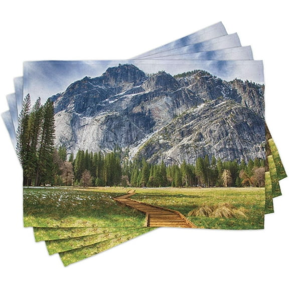 Yosemite Place Mats Set of 4, North Dome as Seen from The Valley with Wooden Walkway Yosemite National Park, Washable Fabric Placemats for Dining Table, Standard Size, Charcoal Green