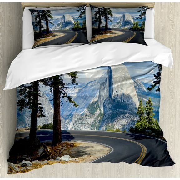 Yosemite Queen Size Duvet Cover Set, Stunning Landscape Picture of a Winding Road in the Yosemite Mountains With El Capitan, Decorative 3 Piece Bedding Set with 2 Pillow Shams, Green, by Ambesonne