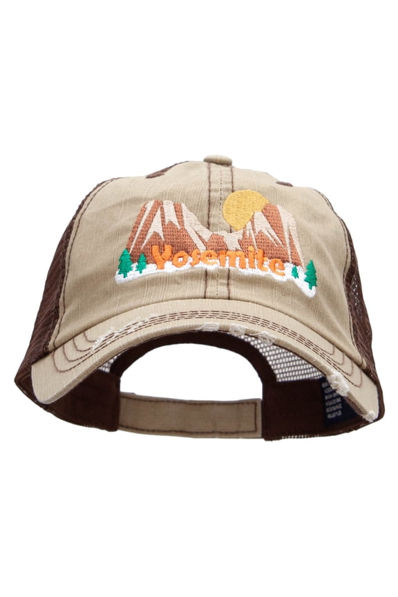 Yosemite Scene Embroidered Low Profile Special Cotton Mesh Cap - Khaki Brown OSFM