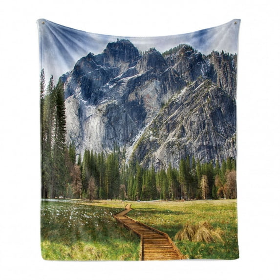 Yosemite Soft Flannel Fleece Blanket, North Dome as Seen from the Valley with Wooden Walkway Yosemite National Park, Cozy Plush for Indoor and Outdoor Use, 50" x 70", Green Charcoal, by Ambesonne