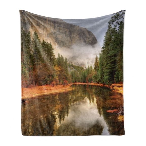 Yosemite Soft Flannel Fleece Blanket, Trees Reflections on Merced River Yosemite Valley National Park California in the Fall, Cozy Plush for Indoor and Outdoor Use, 60" x 80", Green, by Ambesonne