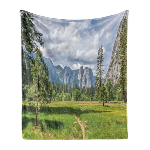 Yosemite Soft Flannel Fleece Blanket, Yosemite Valley Meadows with Trees Fluffy Clouds Cliff Tourist Attraction Picture, Cozy Plush for Indoor and Outdoor Use, 50" x 60", Grey Green, by Ambesonne