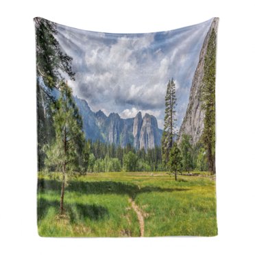 Yosemite Soft Flannel Fleece Blanket, Yosemite Valley Meadows with Trees Fluffy Clouds Cliff Tourist Attraction Picture, Cozy Plush for Indoor and Outdoor Use, 50" x 70", Grey Green, by Ambesonne