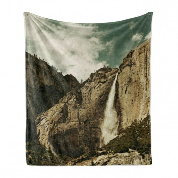 Yosemite Soft Flannel Fleece Blanket, Waterfalls in Yosemite National Park California Famous Travel Destination, Cozy Plush for Indoor and Outdoor Use, 50" x 60", Brown Reseda Green, by Ambesonne