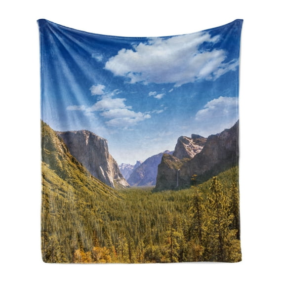 Yosemite Soft Flannel Fleece Blanket, Yosemite El Capitan and Half Dome in California National Parks US Summertime View, Cozy Plush for Indoor and Outdoor Use, 50" x 70", Green Blue, by Ambesonne