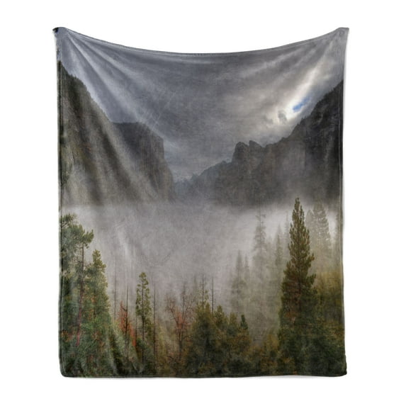 Yosemite Soft Flannel Fleece Throw Blanket, American Valley Autumn View Dark Clouds Heavy Haze Rainy Day Landscape Print, Cozy Plush for Indoor and Outdoor Use, 50" x 60", Green Grey, by Ambesonne