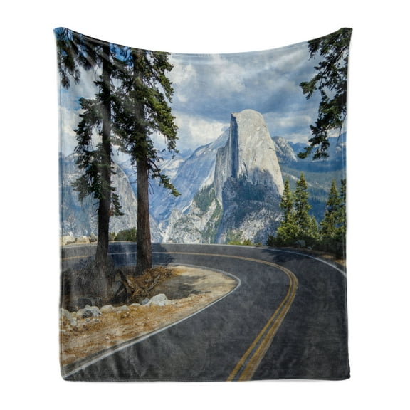 Yosemite Soft Flannel Fleece Throw Blanket, Landscape Picture of a Winding Road in the Mountains El Capitan, Cozy Plush for Indoor and Outdoor Use, 50" x 60", Green, by Ambesonne