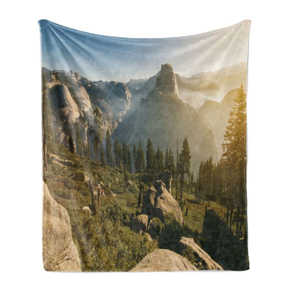 Yosemite Soft Flannel Fleece Throw Blanket, Yosemite Valley and Half Dome in Foggy Morning During Romantic Sunrise Scenery, Cozy Plush for Indoor and Outdoor Use, 60" x 80", Green Beige, by Ambesonne