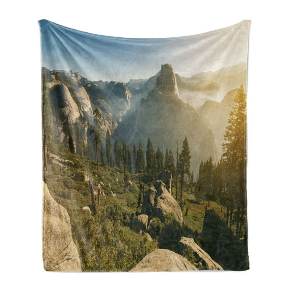 Yosemite Soft Flannel Fleece Throw Blanket, Yosemite Valley and Half Dome in Foggy Morning During Romantic Sunrise Scenery, Cozy Plush for Indoor and Outdoor Use, 70" x 90", Green Beige, by Ambesonne