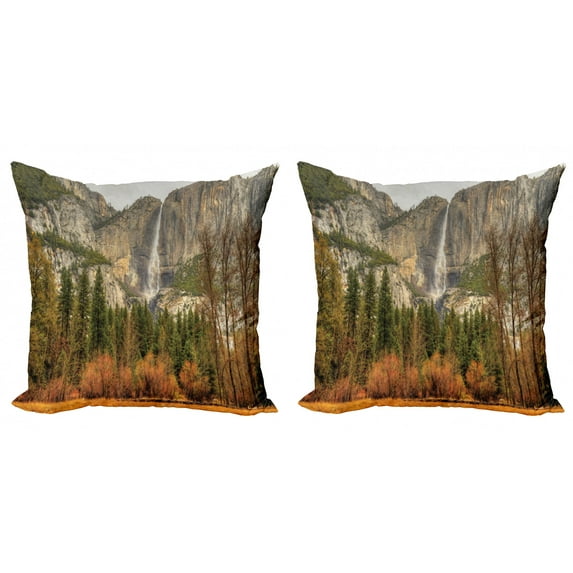 Ambesonne Nature Throw Pillow Cover 2 Pack, Yosemite Falls Trees, 16", Orange Green