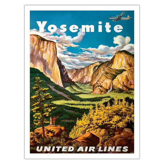 Yosemite - United Air Lines - Yosemite Falls and Yosemite National Park - Vintage Airline Travel Poster by Joseph Fehér c.1945 - Bamboo Fine Art 290gsm Paper Print (Unframed) 24x32in