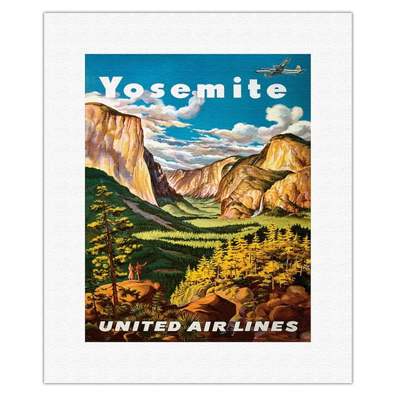 Yosemite - United Air Lines - Yosemite Falls and Yosemite National Park - Vintage Airline Travel Poster by Joseph Fehér c.1945 - Fine Art Rolled Canvas Print 11in x 14in