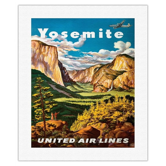 Yosemite - United Air Lines - Yosemite Falls and Yosemite National Park - Vintage Airline Travel Poster by Joseph Fehér c.1945 - Fine Art Rolled Canvas Print 16in x 20in