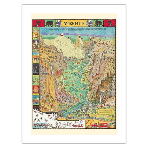 Yosemite Valley - Vintage Pictorial Map by Jo Mora c.1931 - Bamboo Fine Art 290gsm Paper (Unframed) 12x16in