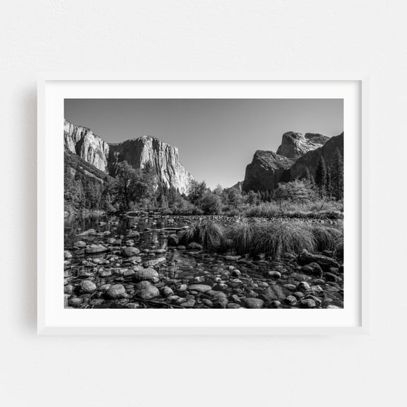 Yosemite Valley in the early morning - California Photography Black and White Nature Landscape Mountain Scenic Wilderness Forest White Framed Wall Art Print 5 x 7 inches