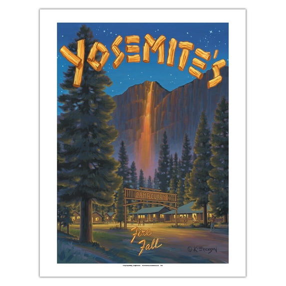 Yosemite's Fire Fall - Camp Curry - Glacier Point Yosemite National Park - Vintage Travel Poster by Kerne Erickson - Bamboo Fine Art 290gsm Paper (Unframed) 17x22in