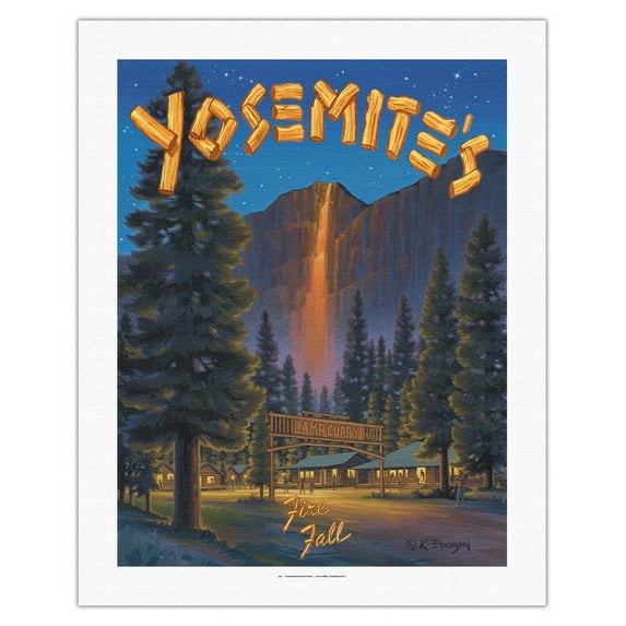 Yosemite's Fire Fall - Camp Curry - Glacier Point Yosemite National Park - Vintage Travel Poster by Kerne Erickson - Fine Art Rolled Canvas Print 20in x 26in