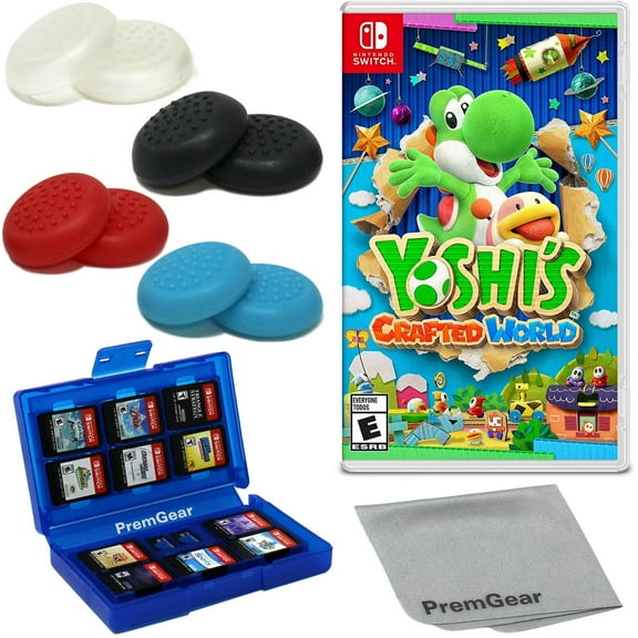 Yoshi's Crafted World for Nintendo Switch [Physical Edition], with PremGear Thumb Grips (8 pack - Black, Blue, Red & Clear), 24 Slot Game Card Holder & Cleaning Cloth