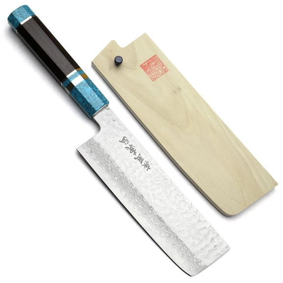 Yoshihiro VG-10 46 Layers Hammered Damascus Nakiri Japanese Vegetable Knife (Octagonal Turquoise Blue Handle) (6.5" (165mm))
