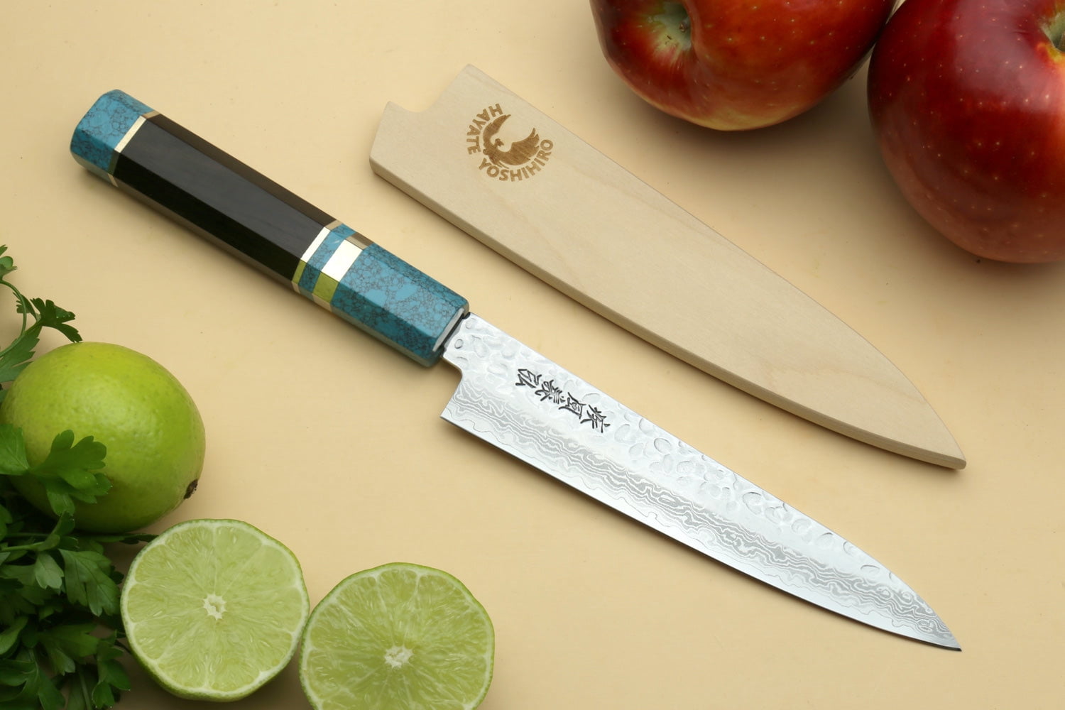 Yoshihiro VG-10 46 Layers Hammered Damascus Petty Japanese Utility Knife (Octagonal Turquoise Blue Handle) (6'' (150mm))
