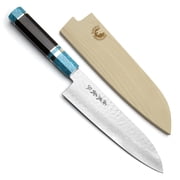 Yoshihiro VG-10 46 Layers Hammered Damascus Santoku Japanese Multipurpose Chef Knife Octagonal Turquoise Blue Handle 7 180mm
