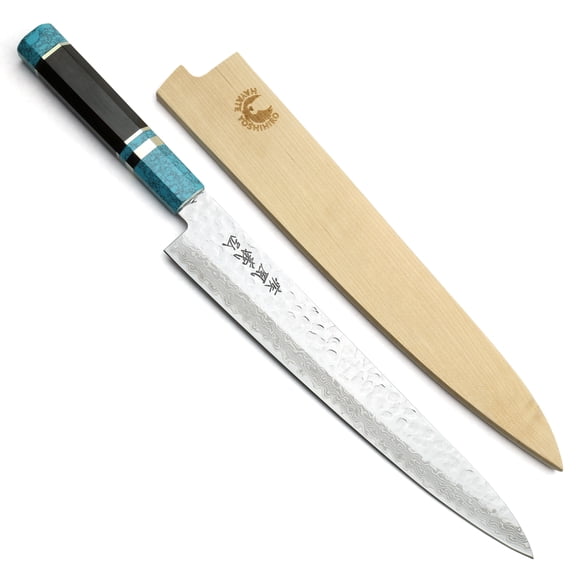 Yoshihiro VG-10 46 Layers Hammered Damascus Sujihiki Japanese Slicer Knife (Octagonal Turquoise Blue Handle) (9.5" (240mm))