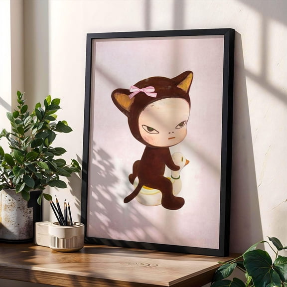 Yoshitomo Nara Inspired Cat Girl Poster Japanese Pop Art Print Poster Duck Ride Cute Moody Character Wall Art Emotional Modern Aesthetic Wall Art, Size 8x12 UNFFRAMED F03.1.6l1657