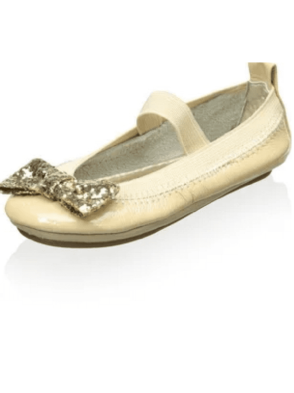 Bbaby Girls Patent Leather Bendable Ballet Flat with Gold Chunky Glitter Bow 5C