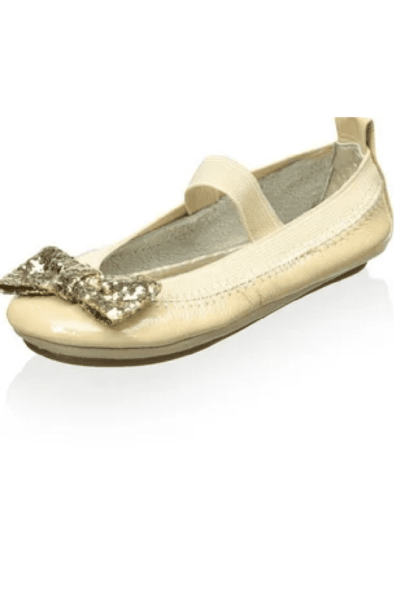 Bbaby Girls Patent Leather Bendable Ballet Flat with Gold Chunky Glitter Bow 5C