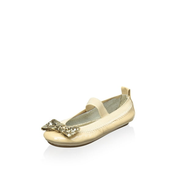 Yosi Samra Patent Leather Bendable Ballet Flat with Gold Chunky Glitter Bow 6C/Infant
