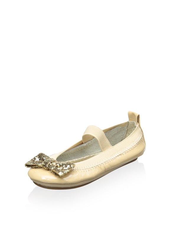 Patent Leather Bendable Ballet Flat with Gold Chunky Glitter Bow 6C/Infant