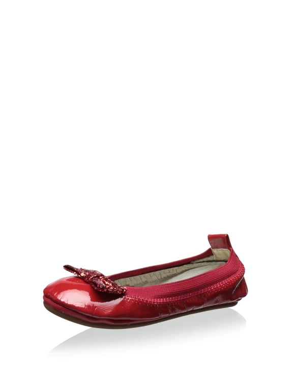 Patent Leather Bendable Ballet Flat with Red Chunky Glitter Bow 7C