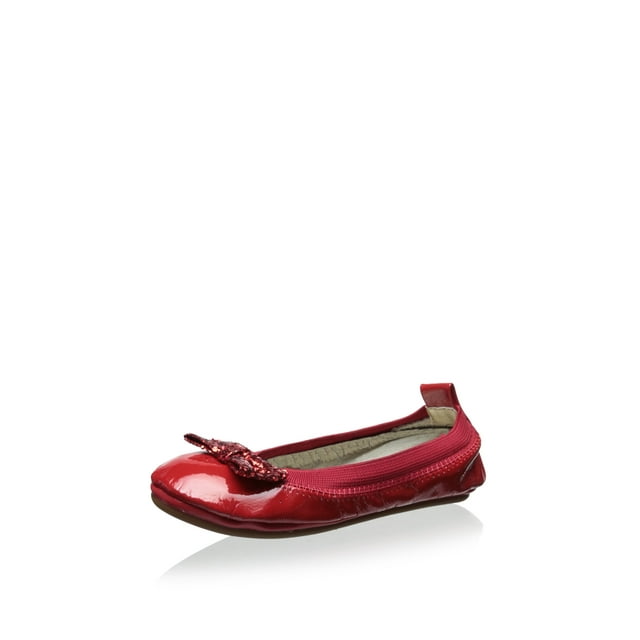 Yosi Samra Patent Leather Bendable Ballet Flat with Red Chunky Glitter Bow 8C