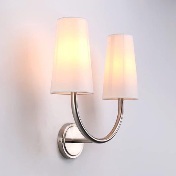 Yosoan Wall Sconce Bedside Light Fixture, 2-Lighy Dual Vintage Boho Industrial Double White Tapered Fabric Shade Vanity Lamp for Bedroom Living Room Corridor Study Porch Nightstand(Brushed)