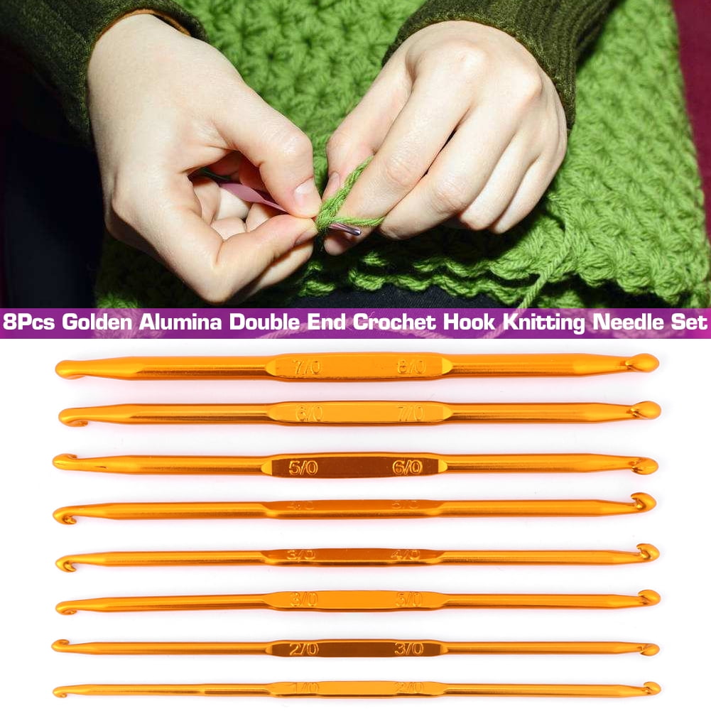 Yosoo 8Pcs Golden Alumina Double End Crochet Hook Knitting Needle Set Weave Craft, Knitting Needle Set, Double End Crochet Hook