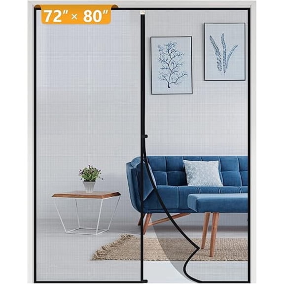Yotache Magnetic Screen Door fits 72"x80" Doors, Screen Size 74"x81" High-Density Polyester Mesh with Powerful Magnets & Windproof Hasp for French Front/Back Sliding Doors, Black