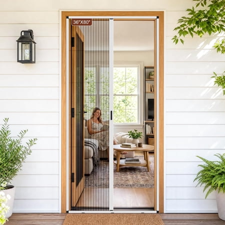 Yotache Retractable Screen Door Fit Doors 36"x80", Ultra-Narrow White Aluminum Frame with High-Transparency Folding Insect Black Mesh for Patio, Balcony & Front Doors