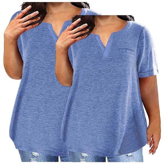 Yotami 2-Pack Women's V-Neck T-Shirt Plus Size Solid Color Blouse Short Sleeve Summer Lightweight Tshirt for Daily, Blue