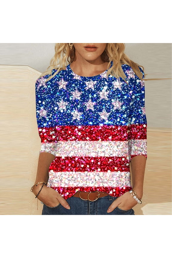 4th of July Shirts for Women Plus Size Casual Independence Day Tops for Holiday Summer Crewneck 3/4 Sleeve Patriotic USA Flag T-Shirt Clothes L