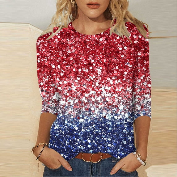 Yotami 4th of July Shirts for Women Plus Size Casual Independence Day Tops for Holiday Summer Crewneck 3/4 Sleeve Patriotic USA Flag T-Shirt Clothes L