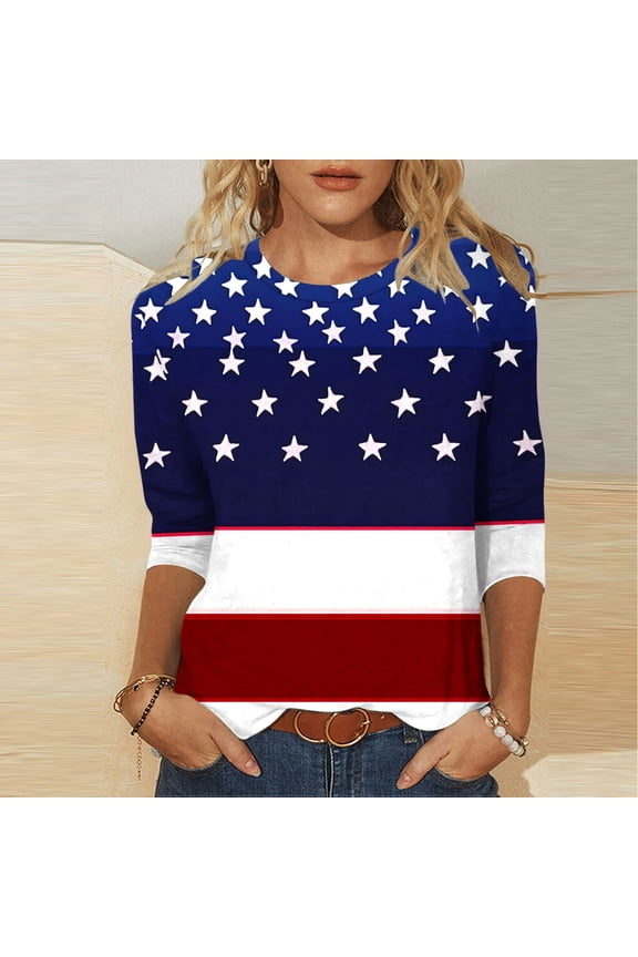 4th of July Shirts for Women Plus Size Casual Independence Day Tops for Holiday Summer Crewneck 3/4 Sleeve Patriotic USA Flag T-Shirt Clothes S