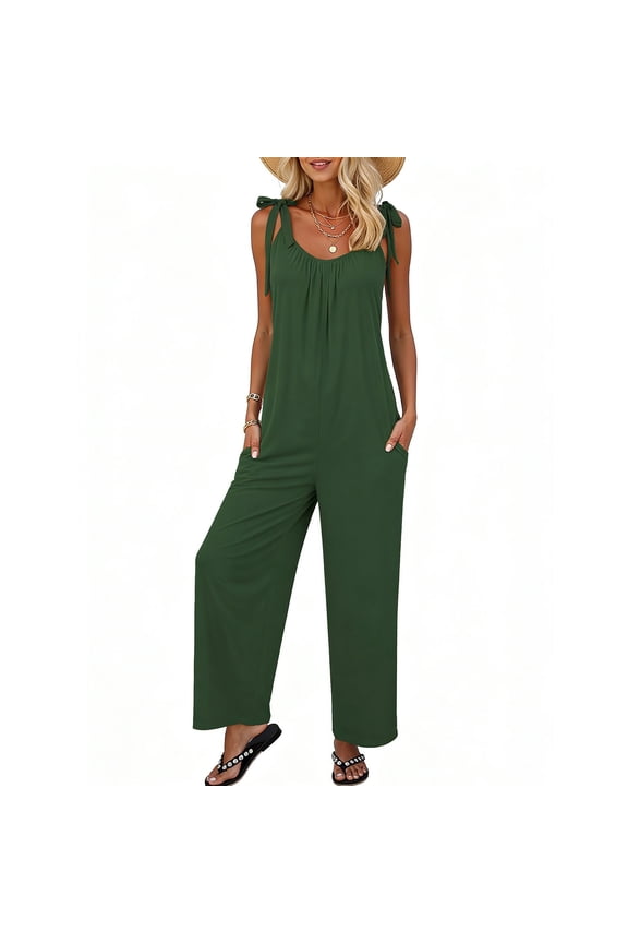 Adjustable Strap Jumpsuits for Women, Pleated Front Loose Jumpsuits with Pockets Summer Sleevelsss Wide Leg Jumpsuits, Army Green S