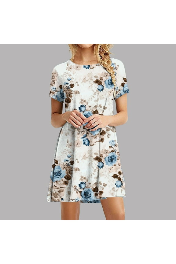 Boho Dress for Women Short Sleeve Summer Midi Dress Floral Print Crew Neck Dress for Vacation